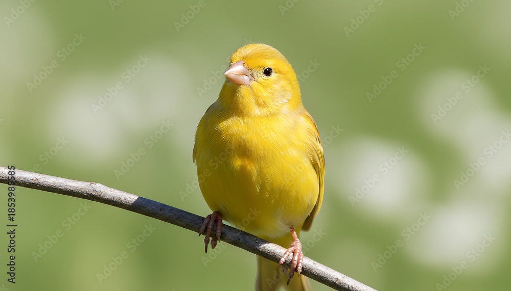 Fototapeta premium A Small Yellow Canary Perched On A Branch With A Blurred Green Background