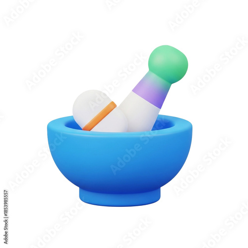 Blue mortar and pestle with a white and green pestle pharmacy concept.