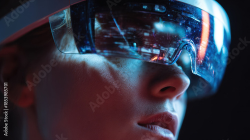 Young person wearing futuristic virtual reality glasses, immersed in digital world, showcases advanced technology and innovation. vibrant colors and reflections create captivating atmosphere