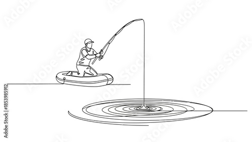 Man fishing from an inflatable boat in continuous line art style