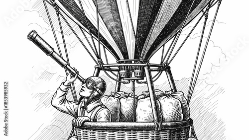 Vintage explorer navigating the skies in a hot air balloon with a telescope.