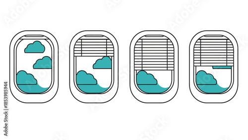Airplane window closing sequence with cloud view illustration.