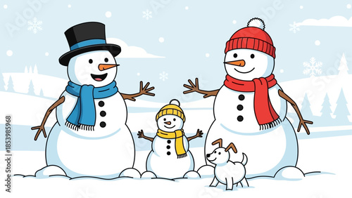 A snowman family and their dog enjoying a winter day.