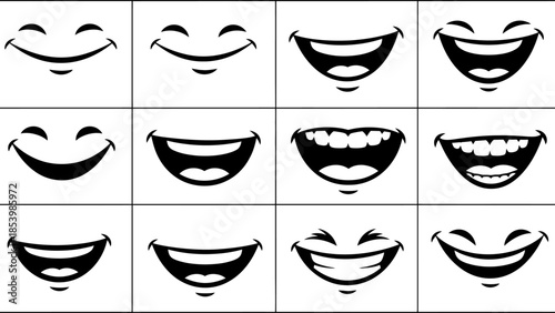 Cartoon mouths with happy and laughing expressions.