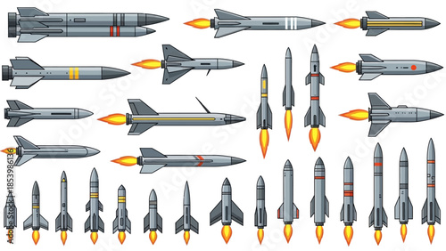 Collection of missiles and rockets with flames from engines