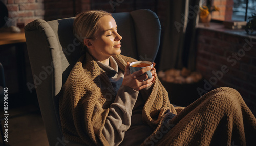 A woman enjoying a peaceful moment with a cup of herbal tea, wrapped in a cozy blanket.
