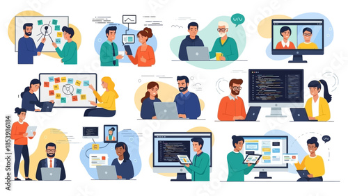 Diverse team collaborating on projects and communicating online