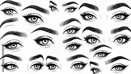 A collection of beautifully drawn eyes with various eyebrow shapes.