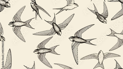 Vintage sketch of flying swallow birds in a pattern.