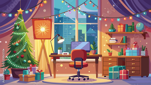 Christmas home office decorated with subtle festive elements, mini tree, string lights, and cozy winter working environment