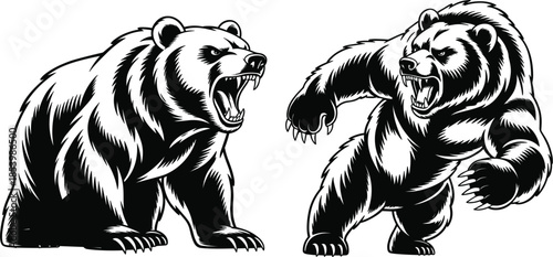 Powerful Grizzly Bear Illustration Featuring Aggressive Wild Animals With Sharp Claws, Intense Roaring, and Detailed Fur