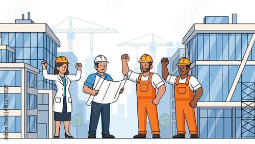 Construction team celebrating project success with buildings in background