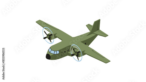 Green military cargo plane with propellers isolated on white background