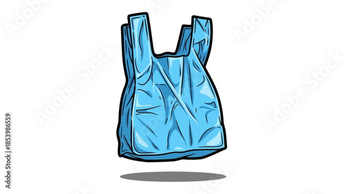 A single blue plastic shopping bag on a white background.