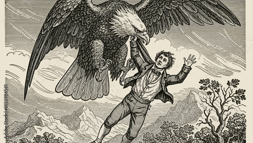 An eagle carries a man away, symbolizing freedom or abduction.