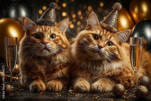 Luxury New Year party with cats, elegant living room, cats clinking miniature glasses with paws, playful smiles, disco lights reflecting in their eyes, party hats and sequins