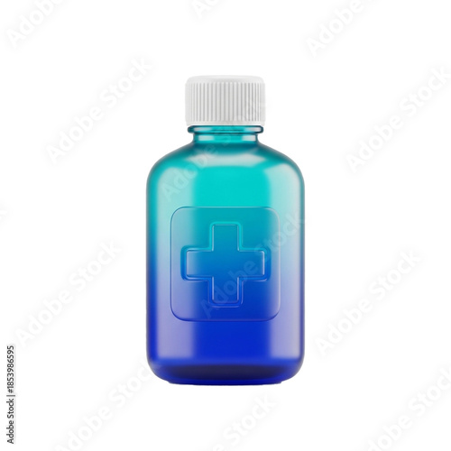 Blue and Green Bottle with White Cap and Cross Symbol.