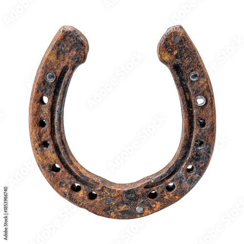 antique rusty horseshoe with nail holes isolated on transparent background