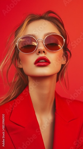 A stylish woman in a red suit and sunglasses embodies confidence and fashion trends, serving as a striking visual backdrop for advertising accessories or glossy magazines.