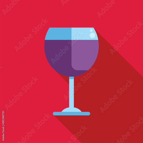Wineglass with purple liquid casting long shadow on red background, simple flat design perfect for restaurant, bar, or winery