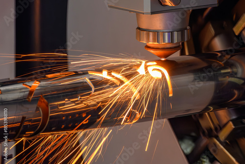 Close up scene the fiber laser cutting machine cut the stainless steel tube control by CNC program.