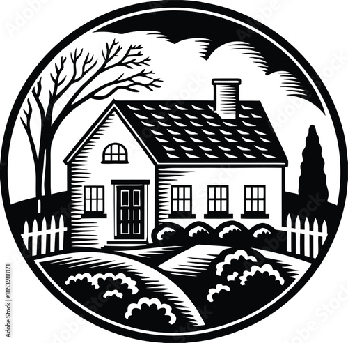 Black and white illustration of a house with a picket fence and garden