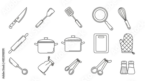 Collection of outline kitchen utensils and cooking equipment, perfect for domestic culinary tasks. Features diverse tools for meal preparation in a clean line art style