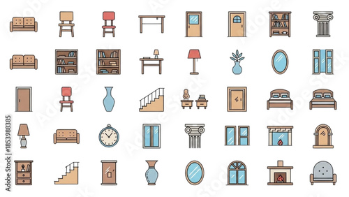Collection of various furniture and home decor illustrations displayed against a white background