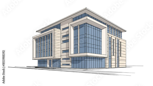 Modern architectural rendering of a contemporary office building with sleek glass facade and minimalist design