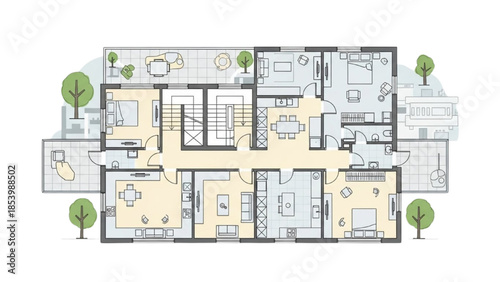 Detailed architectural floor plan of a modern residential building with various rooms and outdoor spaces