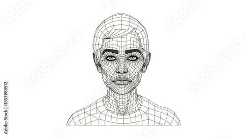 A 3D wireframe model of a person's upper body is rendered on a white background from a frontal viewpoint