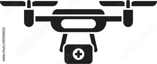 Black silhouette of a drone carrying a first aid kit, symbolizing fast medical delivery and emergency response