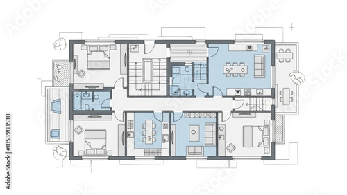 A detailed architectural floor plan illustrating the layout of a modern residential building with various rooms and spaces