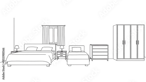 A serene bedroom scene featuring a bed, wardrobe, and furniture in a minimalist line drawing style from a frontal viewpoint.
