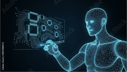 A futuristic humanoid figure interacts with a digital interface displaying complex circuitry and data visualizations in a dark environment.