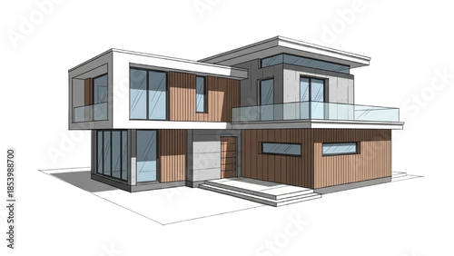 Modern house with large windows and balcony viewed from the front