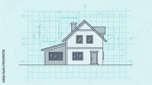 Detailed architectural drawing of a modern two-story house with precise measurements and grid overlay