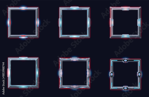 Collection of six sci-fi game ui frames in metallic style with glowing blue and red accents