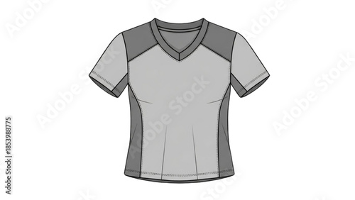 Illustration of a gray t-shirt with V-neck and short sleeves on a white background