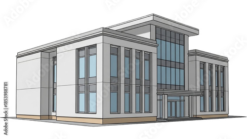 Modern architectural rendering of a sleek office building with large windows and contemporary design