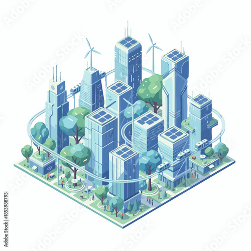 Modern isometric smart city powered by green energy.