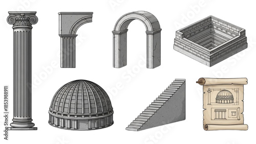 Ancient architectural elements illustrated in grayscale, featuring a column, arch, dome, and blueprint on a white background from a straightforward viewpoint.