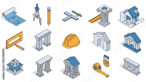 Architectural elements and construction tools arranged in a grid layout