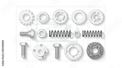 Assorted metal mechanical parts and gears arranged neatly on a white background