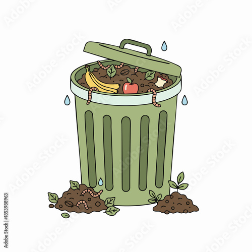 Illustration of a green compost bin filled with food scraps and worms.