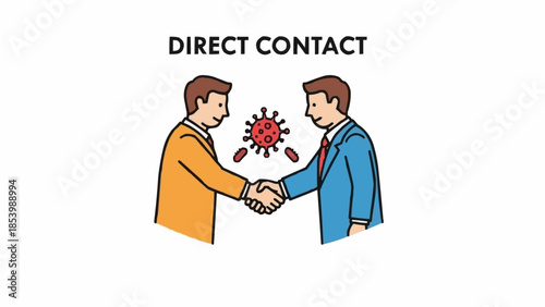 Two businessmen shaking hands with a virus symbol between them.