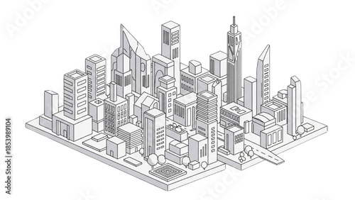 Aerial view of a cityscape with modern skyscrapers and urban landscape