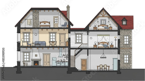 Cross-sectional view of a modern house with interior design elements and architectural features