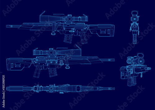 A modern sniper rifle blueprint with detailed wireframe components on a blue background. The technical schematic highlights the long barrel, mounted scope, and intricate stock assembly.