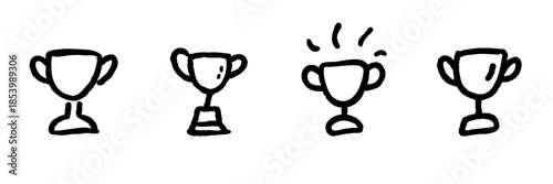 Trophy Cup Line Icon Set In Doodle Style. Achievement, Success, And Award Recognition Outline Sketch Collection. Celebration And Victory Symbols. Hand Drawn Isolated Vector Illustration